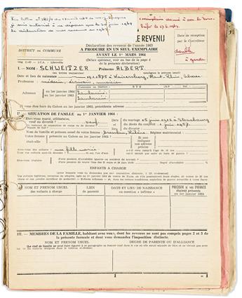SCHWEITZER, ALBERT. Group of 7 partly-printed Documents Signed, each a copy of his Gabon general income tax return for a year between 1